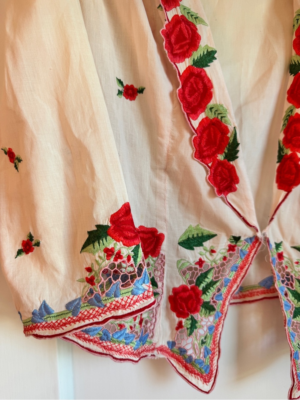 RARE Anna Sui Pale Pink Open-Front Lightweight Jacket with Red Rose Embroidery - Picture 2 of 6